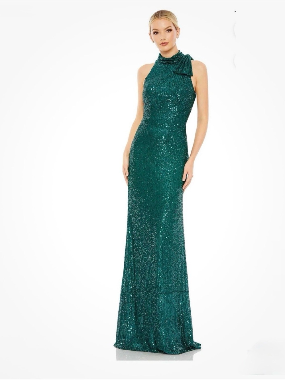 Ieena for Mac Dugal Green Sequined Soft Tie Halter Neck Column Gown Dress Sz 16